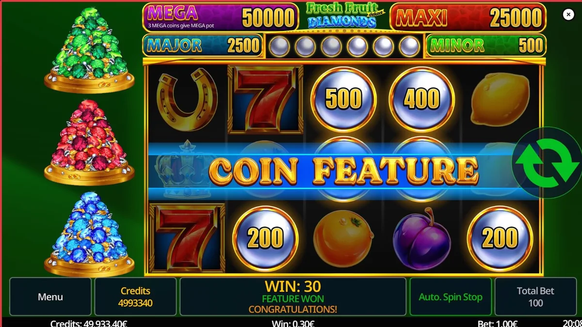 Fresh Fruit Deluxe Diamonds slot machine interface featuring vibrant fruits and sparkling diamonds