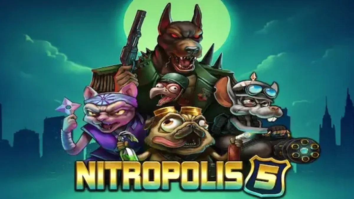 Nitropolis 5 স্লট গেমের একটি দৃশ্য যেখানে যুদ্ধের আবহ এবং রিলগুলো দেখা যাচ্ছে